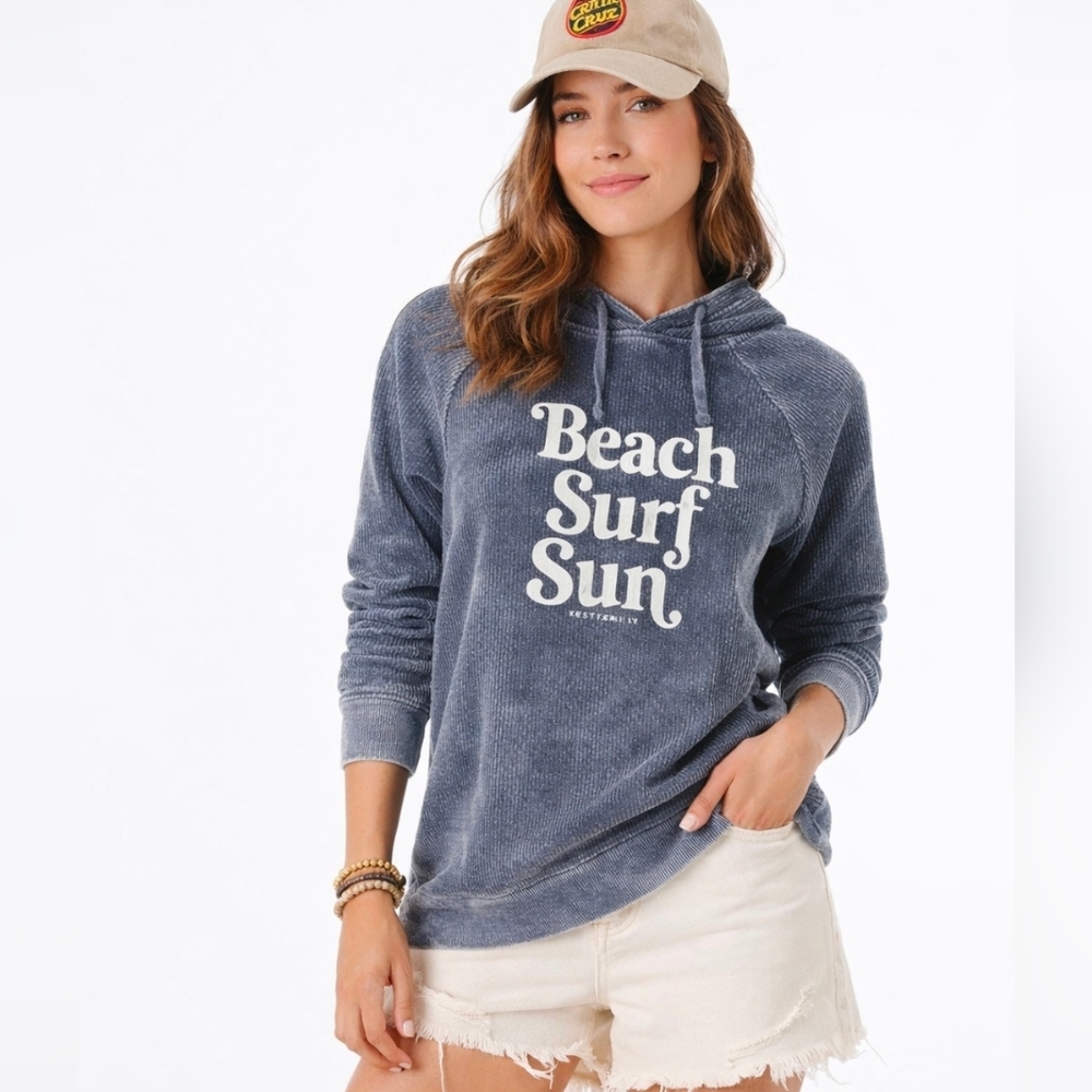 Beach Surf Sun Graphic Hoodie Washed Navy, XS, NWT Yesterday's Sportswear